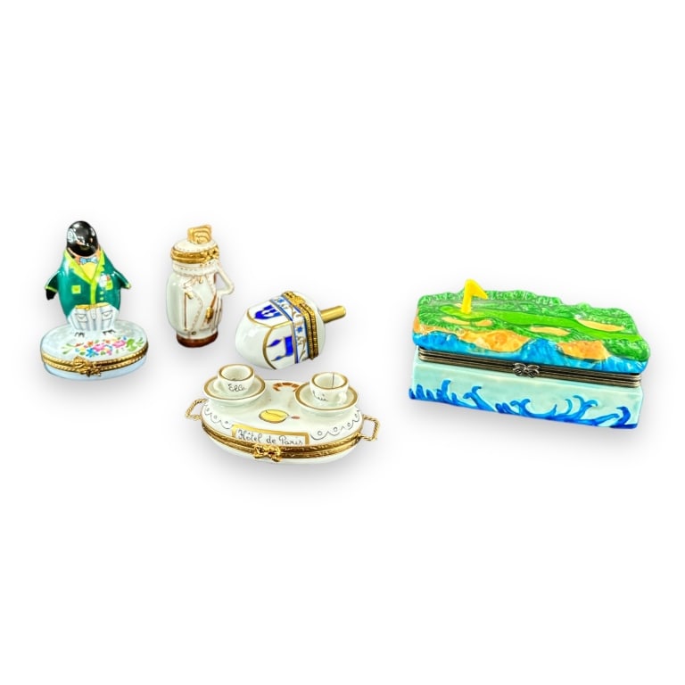Lot of 5Pcs Limoges France Pill/ Trinket Boxes. -Rare Limoges France hand painted penguin in green (1 of 3)