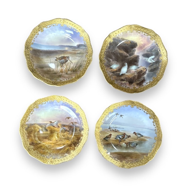 A set of four antique "Pheasants" "Game" cabinet plates hand painted and signed by Joseph Birbeck: A set of four antique "Pheasants" "Game" cabinet plates hand painted and signed by Joseph Birbeck Senior and produced in the Cauldon, Limited, England kilns for Davis Collamore & Company, New York. Ea