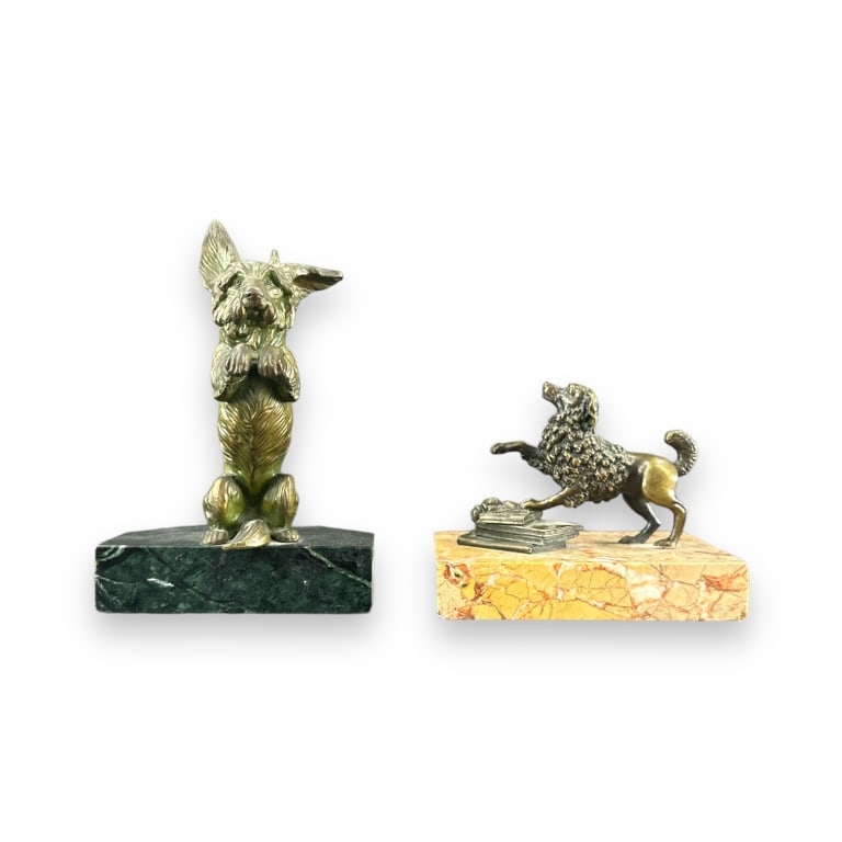 Pair of Antique French Bronze Dogs on Marble Base. Orange marble base bronze circa 1890. measures (1 of 3)