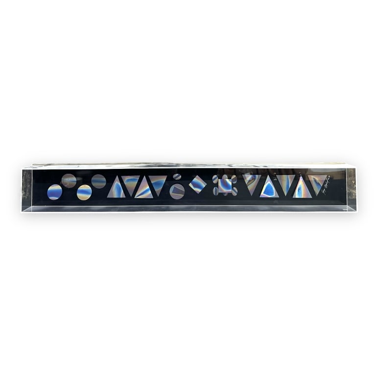 Greg Copeland (AMERICAN, 20th Century) mutlicolor geometric work on metal? set in a clear acrylic (1 of 4)