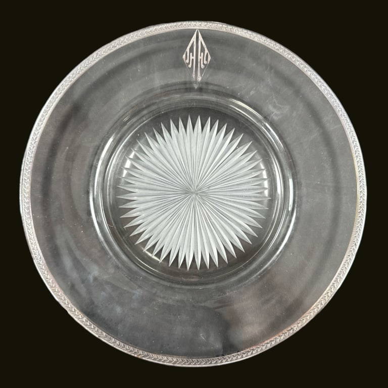 A Lot Of 13 Antique Cut Glass Dinner Plates With Silver Encrusted Rims Having A Star Burst
