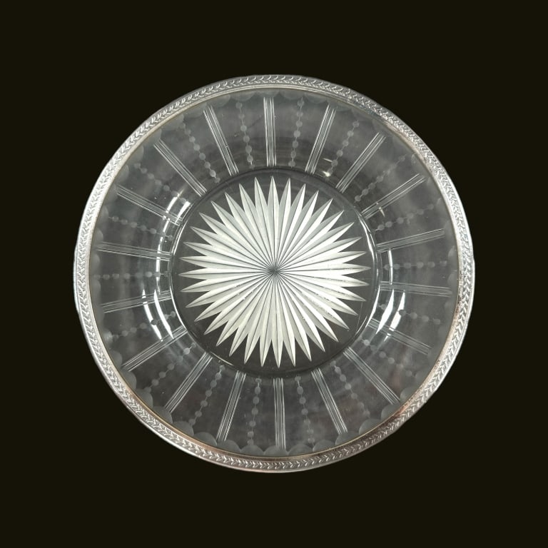 A set of 12 antique sterling silver encrusted rim salad / dessert plates with starburst design to (1 of 3)