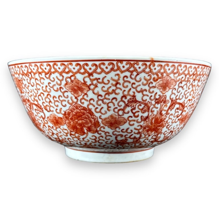 Contemporary Chinese hand painted large centerpiece bowl depicting lotus blossoms amongst scrolled (1 of 3)