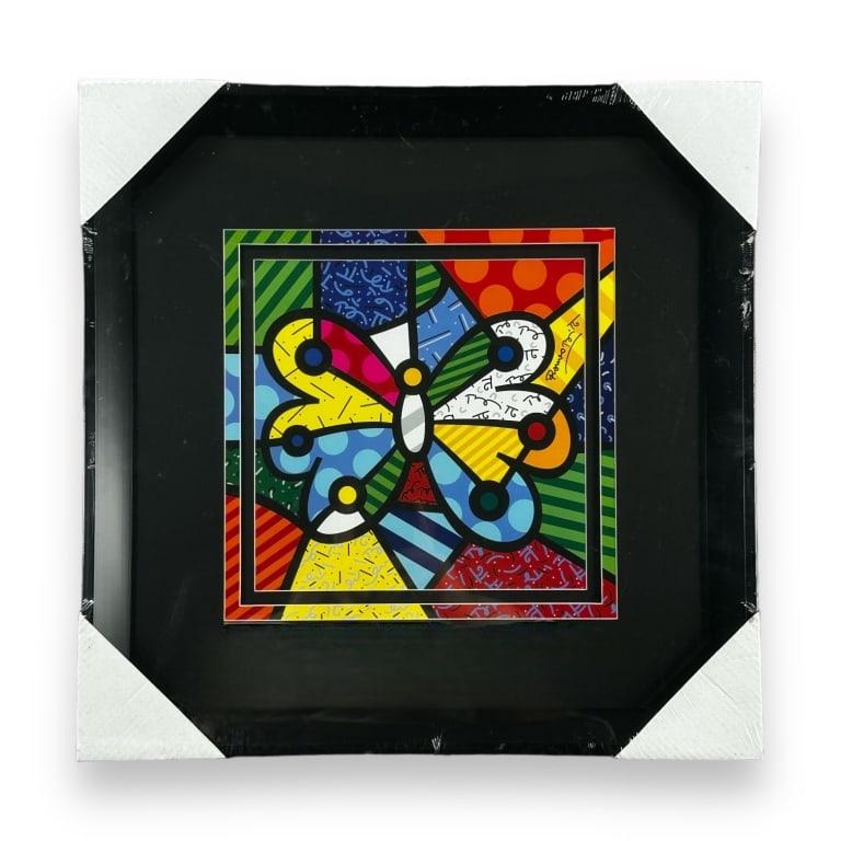Romero Britto "Garden Butterfly" poster print mounted in a black lacquer frame with mat accent. (1 of 5)