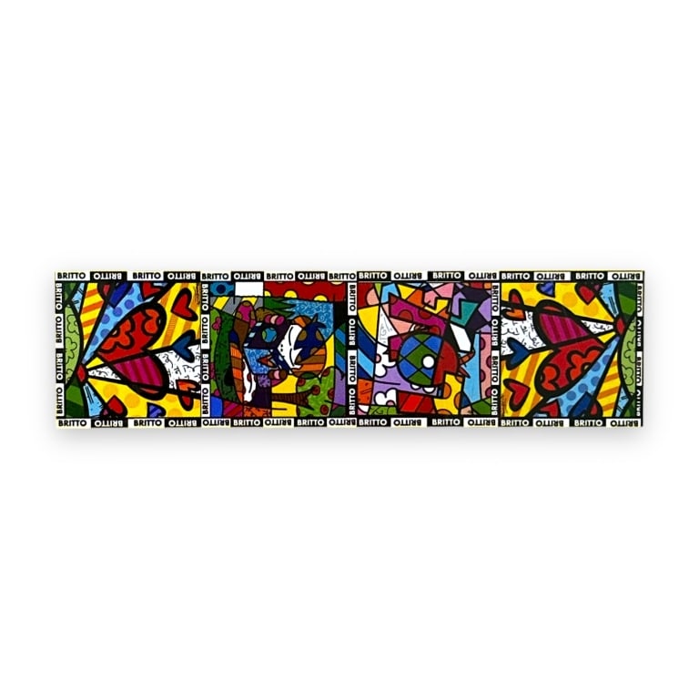 Romero Britto pop art multi image silk long shawl scarf. Measures approx. 63" length x 16 1/2" (1 of 2)