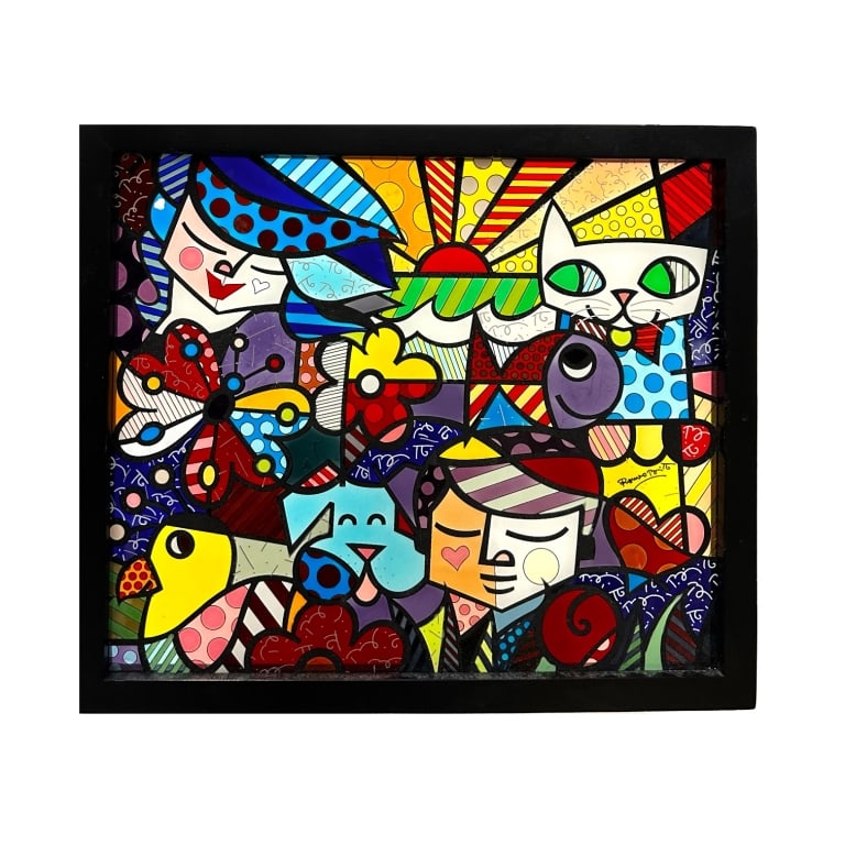 Romero Britto stained glass "Garden" plaque panel framed in a black lacquered frame. Completed with (1 of 2)
