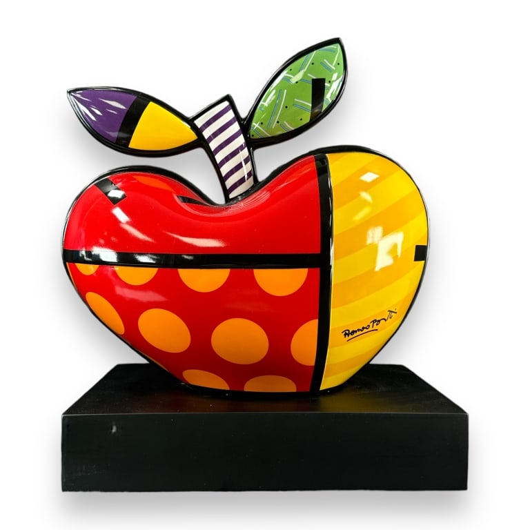 Romero Britto porcelain "The Big Apple" sculpture by Goebel Germany. Set atop black wooden plinth. (1 of 4)