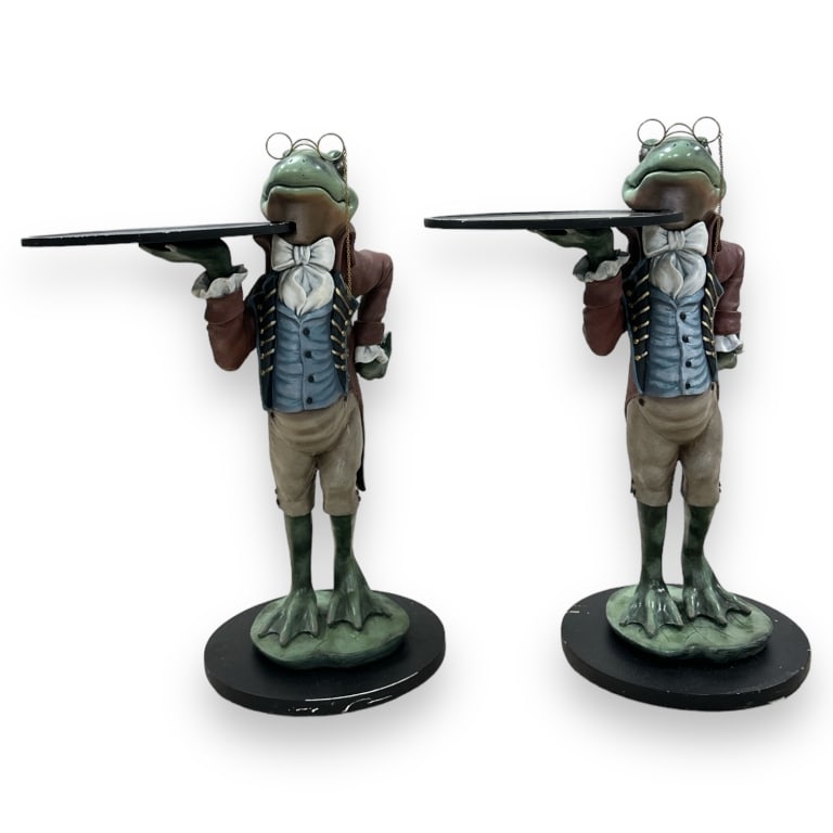 A pair of resin figural frog end tables with trays. Each measures approx. 33" height x 21" width x (1 of 5)