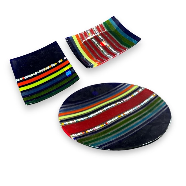 A lot of 3 vintage Murano Italian art glass rectangular dishes with cobalt and multicolor designs (1 of 5)