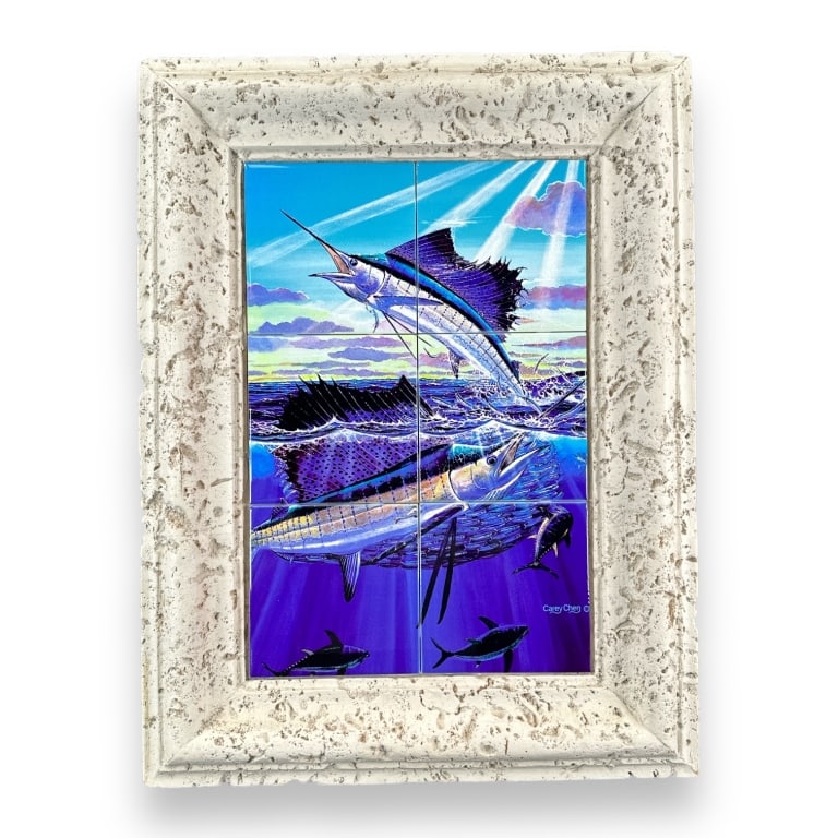 Carey Chen painted work on six tiles framed depicting marlins and sea life. Signed to lower right. (1 of 4)