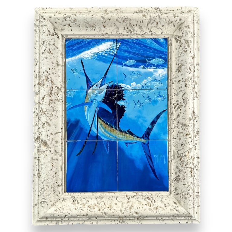 Guy Harvey (Jamaica, Born 1955) work on six tiles depicting a marlin with a school of fish. Signed (1 of 4)