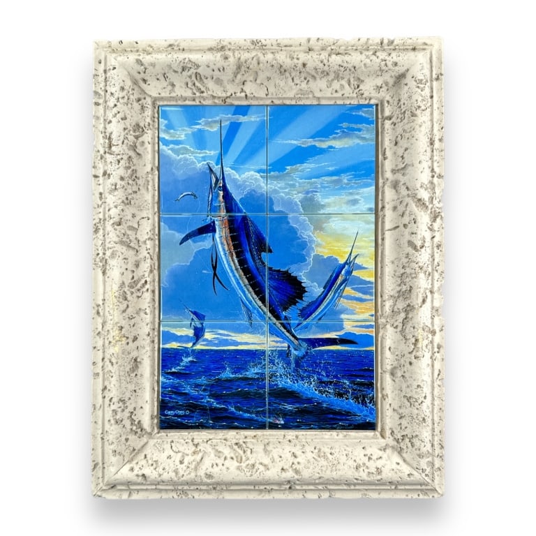 Carey Chen work on six tiles depicting three marlins. Signed to lower left. Mounted in a wooden (1 of 4)