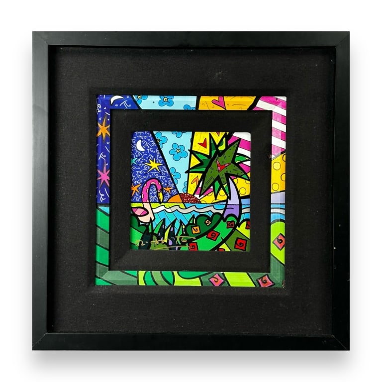 Romero Britto (BRAZILIAN / UNITED STATES / FLORIDA, Born 1963) cubist pop-art mixed media giclee on: Romero Britto (BRAZILIAN / UNITED STATES / FLORIDA, Born 1963) cubist pop-art mixed media giclee on canvas with red diamond dust titled "Real". Hand signed to lower left with seal to verso of canvas. 