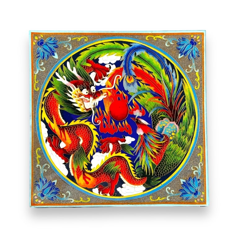 Contemporary Chinese Cloisonne enameled wall art depicting a dragon and phoenix bird with flaming (1 of 3)