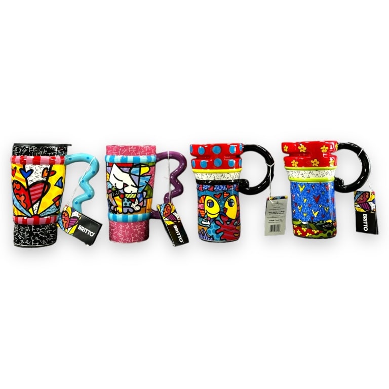 A lot of 4 Romero Britto pop-art ceramic travel mugs of various designs. Includes original boxes and (1 of 4)