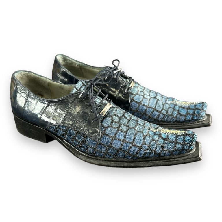 A pair of men's designer Belvedere genuine stingray shagreen leather and croco leather shoes. Size: A pair of men's designer Belvedere genuine stingray shagreen leather and croco leather shoes. Size 10 1/2. Some wear but overall good used condition. JD/B:13