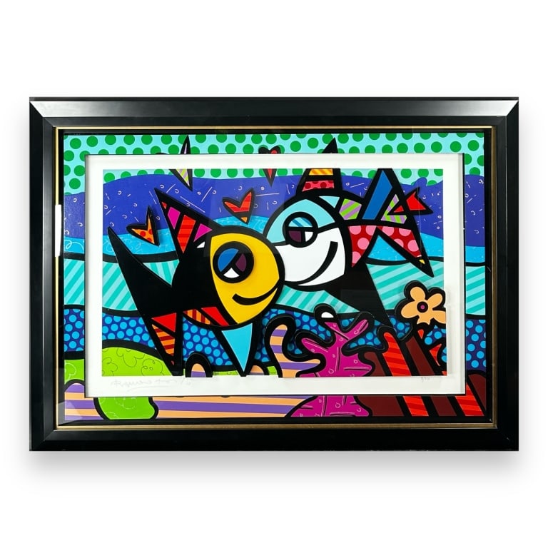 Romero Britto (BRAZILIAN / UNITED STATES / FLORIDA, Born 1963) giclee and silkscreen in 3Dtitled: Romero Britto (BRAZILIAN / UNITED STATES / FLORIDA, Born 1963) giclee and silkscreen in 3Dtitled "Deep Night Romance". Hand signed to lower left. Numbered 91/750 to lower right. Embossed backstamp to 