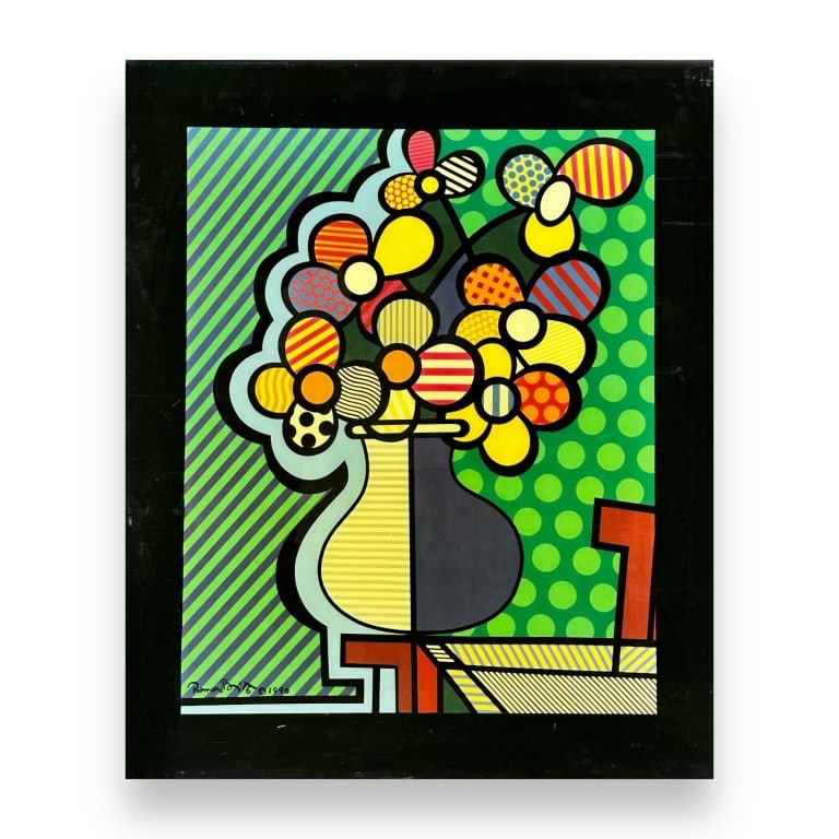 Romero Britto pop-art cubist still life print set in lacquered frame. Depicts a vase with flowers. (1 of 4)