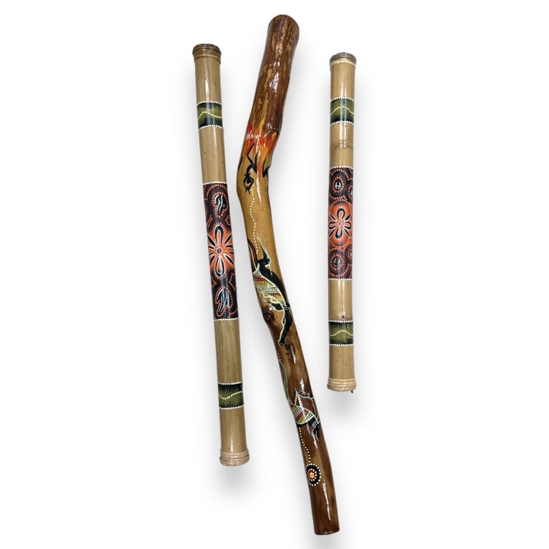 A lot of three Austrailian Aboriginal wooden Didgeridoo horns. Longest measures approx. 46 1/2" (1 of 2)