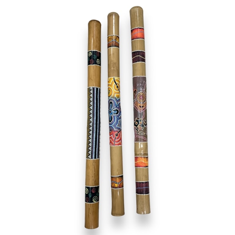 A lot of three Austrailian Aboriginal wooden Didgeridoo horns. Longest measures approx. 39 3/4" (1 of 2)