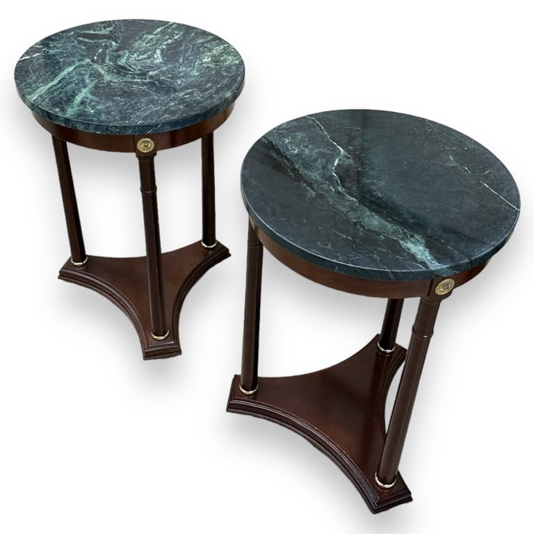 A pair of green marble round top with some applied gilt metal. Each measures approx. 25 1/2" height: A pair of green marble round top with some applied gilt metal. Each measures approx. 25 1/2" height x 18" diameter. Overall good condition. JD/B13