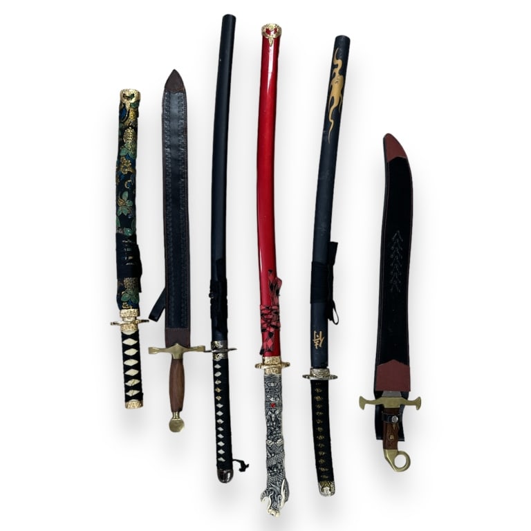 A lot of 6 contemporary swords including katana with scabbards. Longest measures approx. 41" (1 of 4)