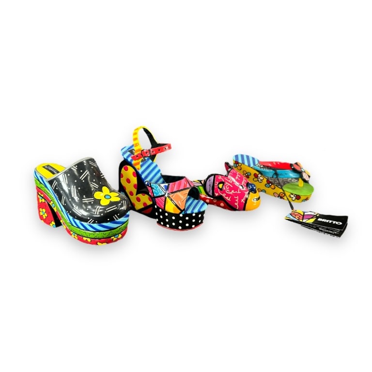 A lof of four Romero Britto Mini Shoe Collection figurines to include "Bear Slippers", "Flip Flop" (1 of 5)