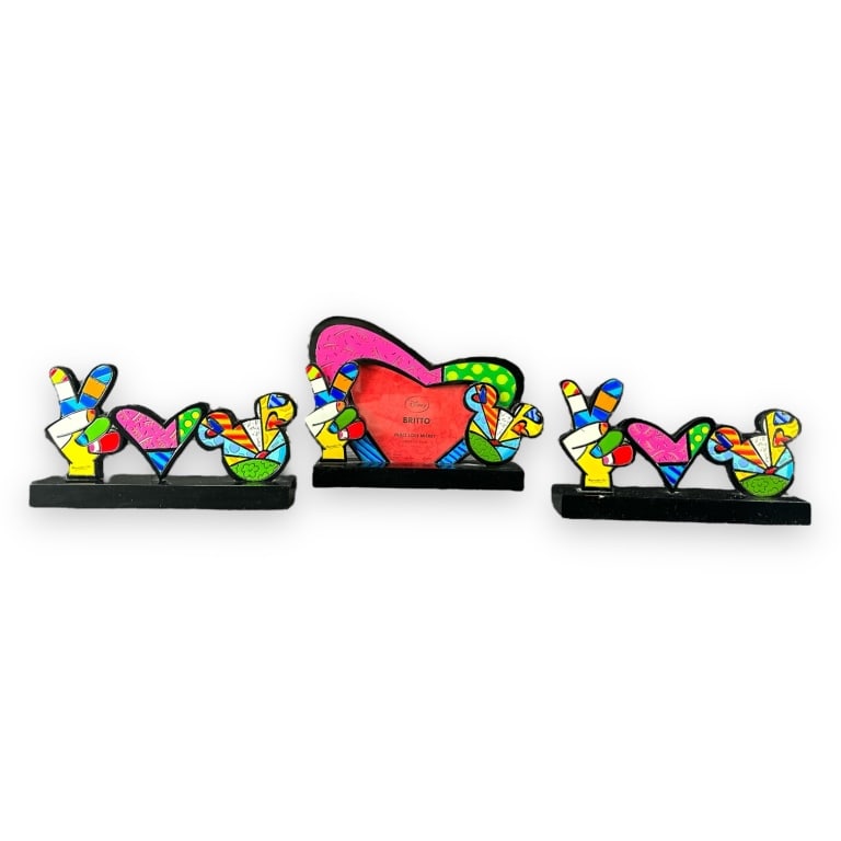 A lot of three Romero Britto Pop-Art lacquered Disney "Peace, Love, Mickey" table items. Includes a (1 of 4)