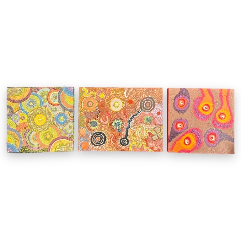 A collection of three Aboriginal Austrial art oil paintings on canvas. Each signed by artist.: A collection of three Aboriginal Austrial art oil paintings on canvas. Each signed by artist. Unframed. Largest measures approx. 11 3/4" height x 15 3/4" width. Each appears in overall good condition.