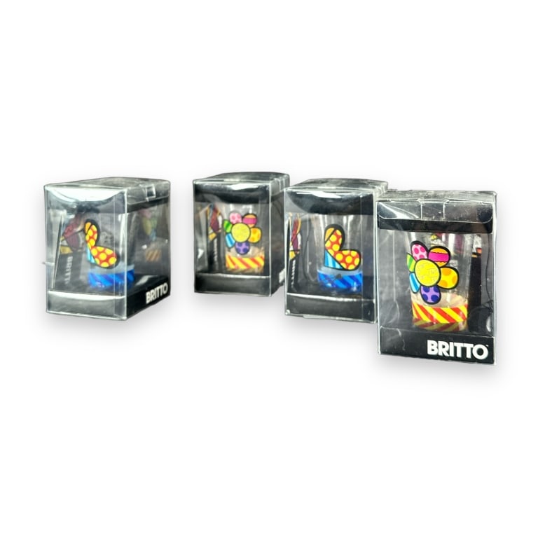 A lot of four Romero Britto Giftcraft glass barware 3.4 ounce shot glasses. Glasses have heart and (1 of 2)