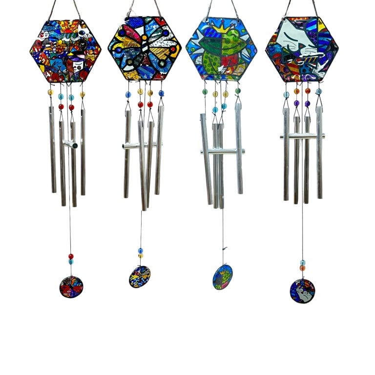 A lof of four Romero Britto stained glass wind chimes. Each with a different style. Each approx. 23 (1 of 5)