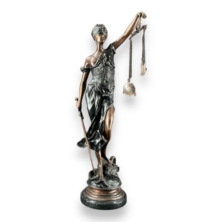 After Alois Mayer (GERMAN, 1855 - 1936) bronze sculpture depicting Lady Justice titled "Blind (1 of 5)