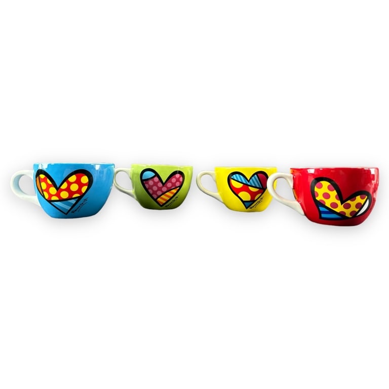 Romero Britto (Brazil, b.1963) 4PC Cappuccino Mug Set. Maker: Romero Britto. Origin: Brasil. (1 of 4)
