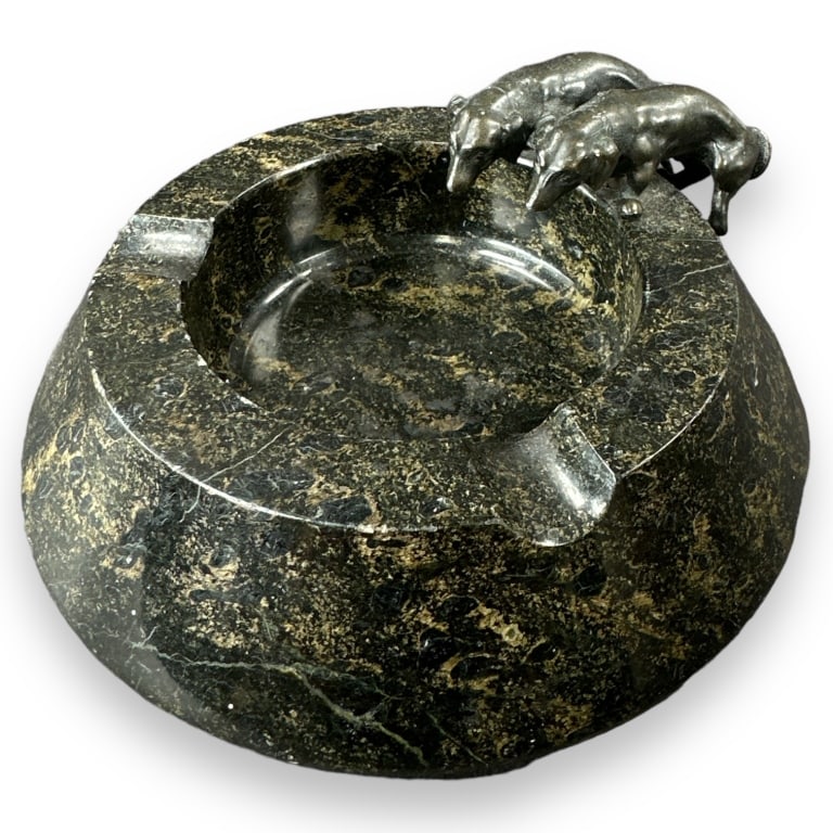 Antique Austrian bronze hound dogs black gold flecked stone ashtray. Measures approx. 2 1/2" height (1 of 3)