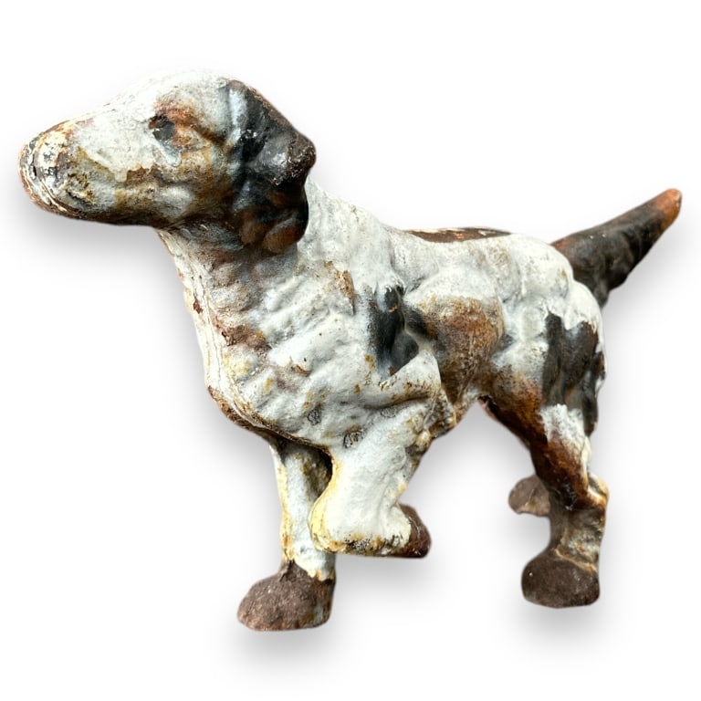 Antique cast iron cold painted hound dog sculpture. No apparent markings. Measures approx. 8" height (1 of 3)