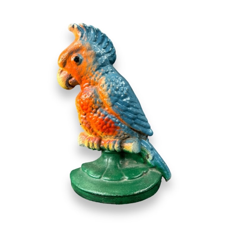 Vintage cold painted parrot door stop of cast iron Measures apprrox.8" height x 5" width x 2 1 /4": Vintage cold painted parrot door stop of cast iron Measures apprrox.8" height x 5" width x 2 1 /4" width. Overall good condition.