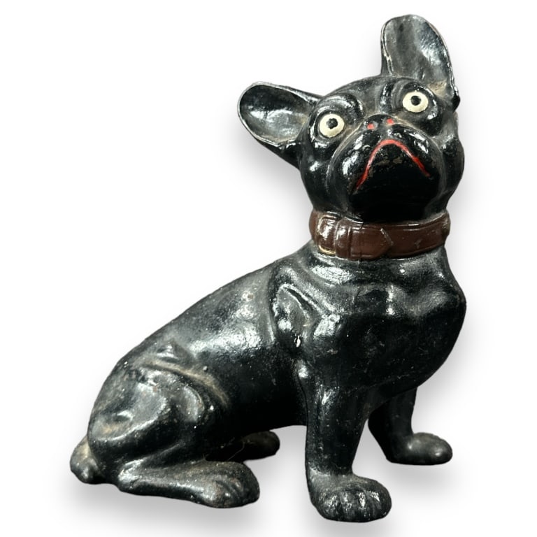 Cast iron metal cold painted French bulldog doorstop figure. Measures approx. 8" height x 6" width x (1 of 3)