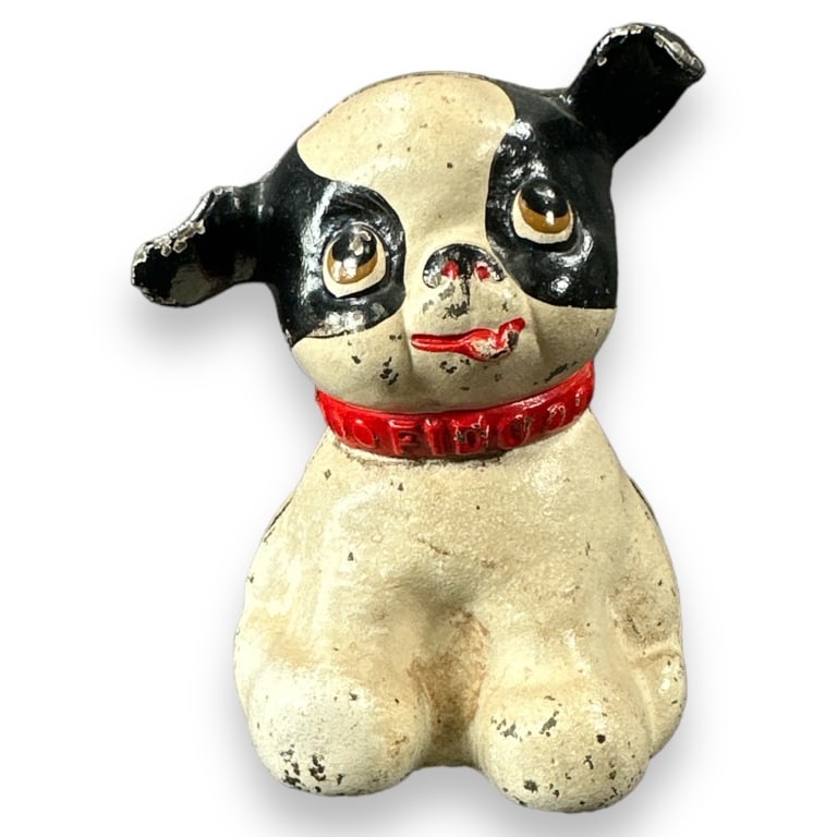 Cast iron cold painted puppy dog sculpture. No apparent markings. Measures approx. 5" height x 3 (1 of 3)