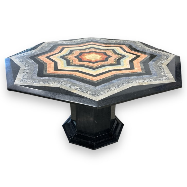 Stone inlaid table with octagonal form. Measures approx. 29 3/4" height x 58 1/2" diameter. Overall (1 of 4)