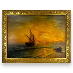 Attributed to Ivan Konstantinovich Aivazovsky (RUSSIAN FEDERATION / UKRAINE, 1817 - 1900) oil: Attributed to Ivan Konstantinovich Aivazovsky (RUSSIAN FEDERATION / UKRAINE, 1817 - 1900) oil painting on canvas depicting a marine seascape scene with sailboats and rowboat. Signed to lower right. Mo