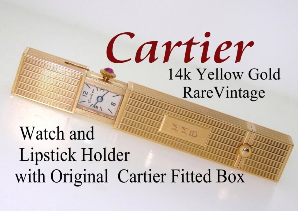 Very Rare Vintage Cartier 14k Yellow Gold Watch Lipstick Holder with Original Cartier Fitted Box (1 of 18)