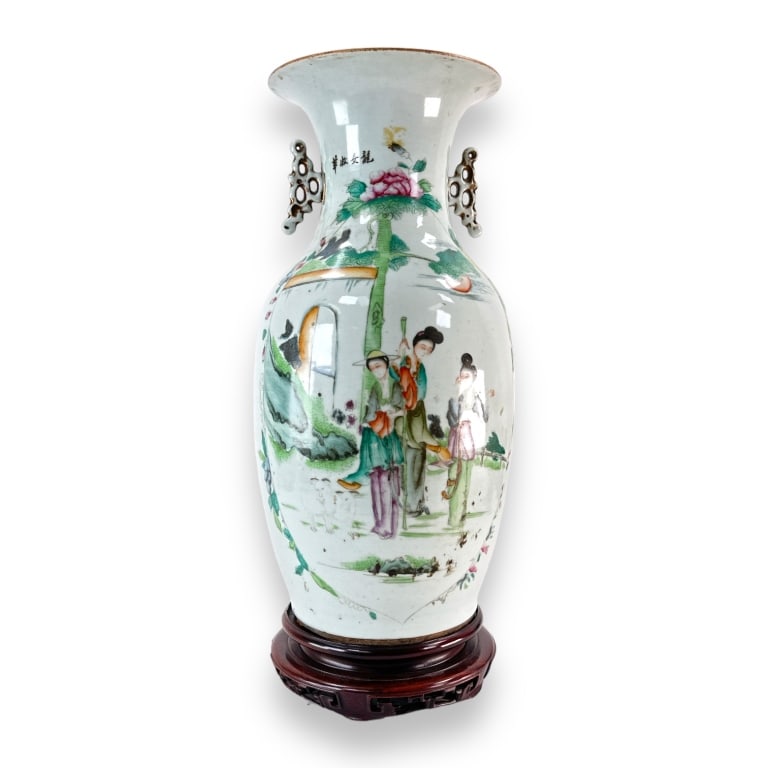 A Chinese Republic Period hand painted Famille Rose porcelain vase depicting maidens in garden scene: A Chinese Republic Period hand painted Famille Rose porcelain vase depicting maidens in garden scene with deer. Calligraphy to upper center and poem to verso. Completed with gilt fungus ear handles. N