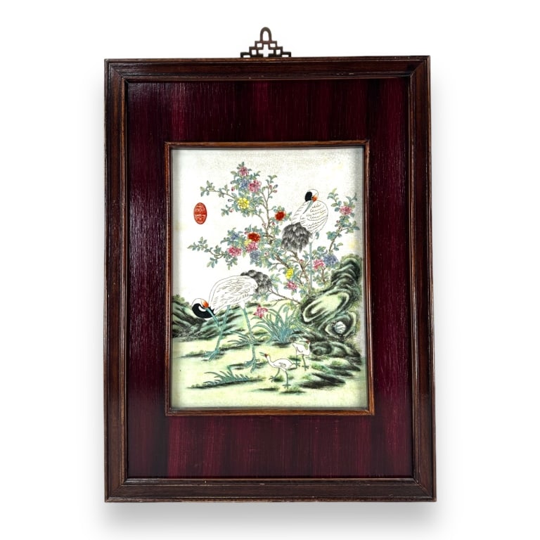 Chinese Famille Rose porcelain hand painted plaque depicting cranes with floral blooms and rock (1 of 4)