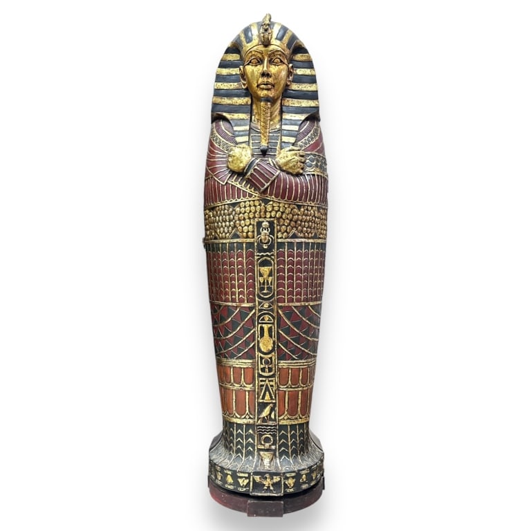 A contemporary life size Egyptian sarcophagus storage cabinet crafted in polychrome painted wood (1 of 4)
