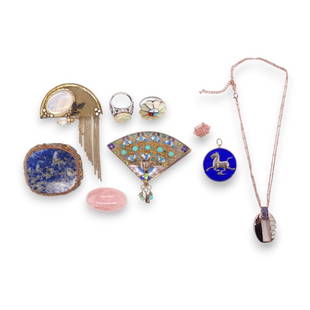 A nine piece lot of various jewelry items to include two Chinese vermeil silver brooches with: A nine piece lot of various jewelry items to include two Chinese vermeil silver brooches with turquoise and lapis stones. A Native American Indian ring, Scandinavian silver ring, a bronze horse medall