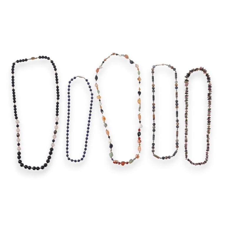 A lot of 5 multi stone beaded necklaces with yellow gold spacer beads. Stones include but are not (1 of 4)