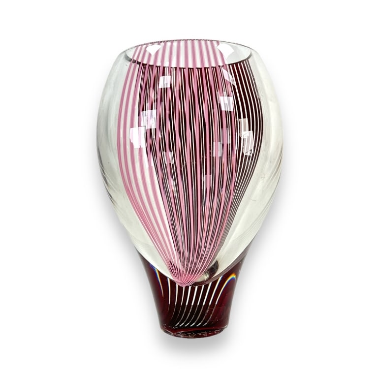 Lino Tagliapietra Murano art glass vase. Has a cranberry pinstripe design. Dremel signed to bottom. (1 of 4)