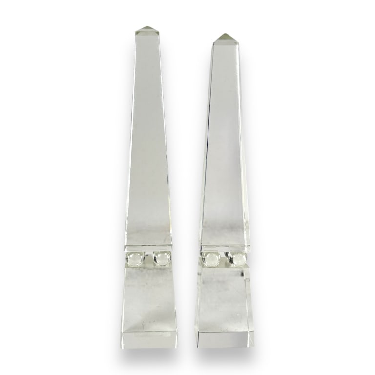 A pair of vintage clear crystal obelisk phallic sculptures with beaded center and squared base. No (1 of 2)