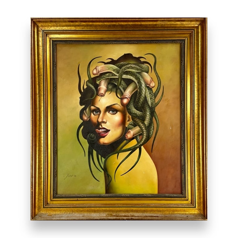 Oil painting on canvas having an erotic scene with the portrait of Medusa depicted with snakes and: Oil painting on canvas having an erotic scene with the portrait of Medusa depicted with snakes and phalli as her hair. Signed "Jackie" to lower left. Mounted in a gold tone wooden frame. Canvas on str