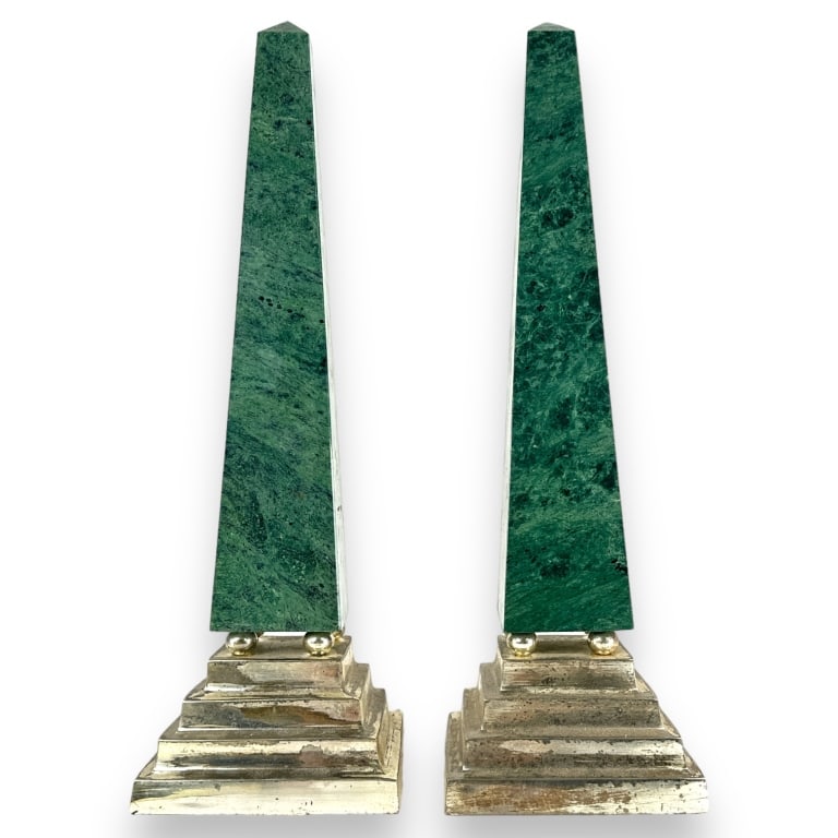 A pair of green jade carved and polished stone obelisk phallic sculptures on tiered silver plate (1 of 2)